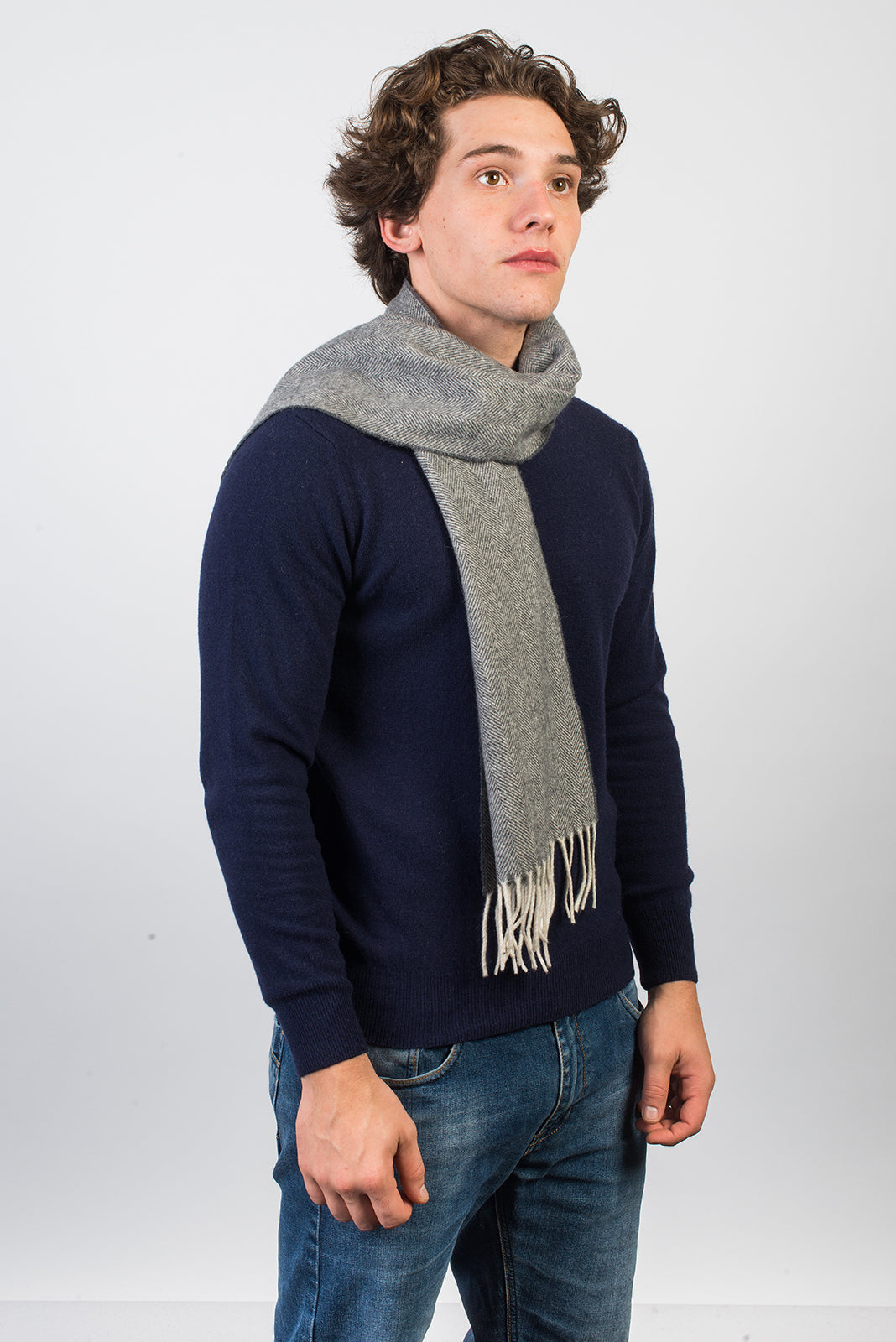 Herringbone wool and cashmere scarf, colour Dark Grey, view 2 | Dalle Piane Cashmere