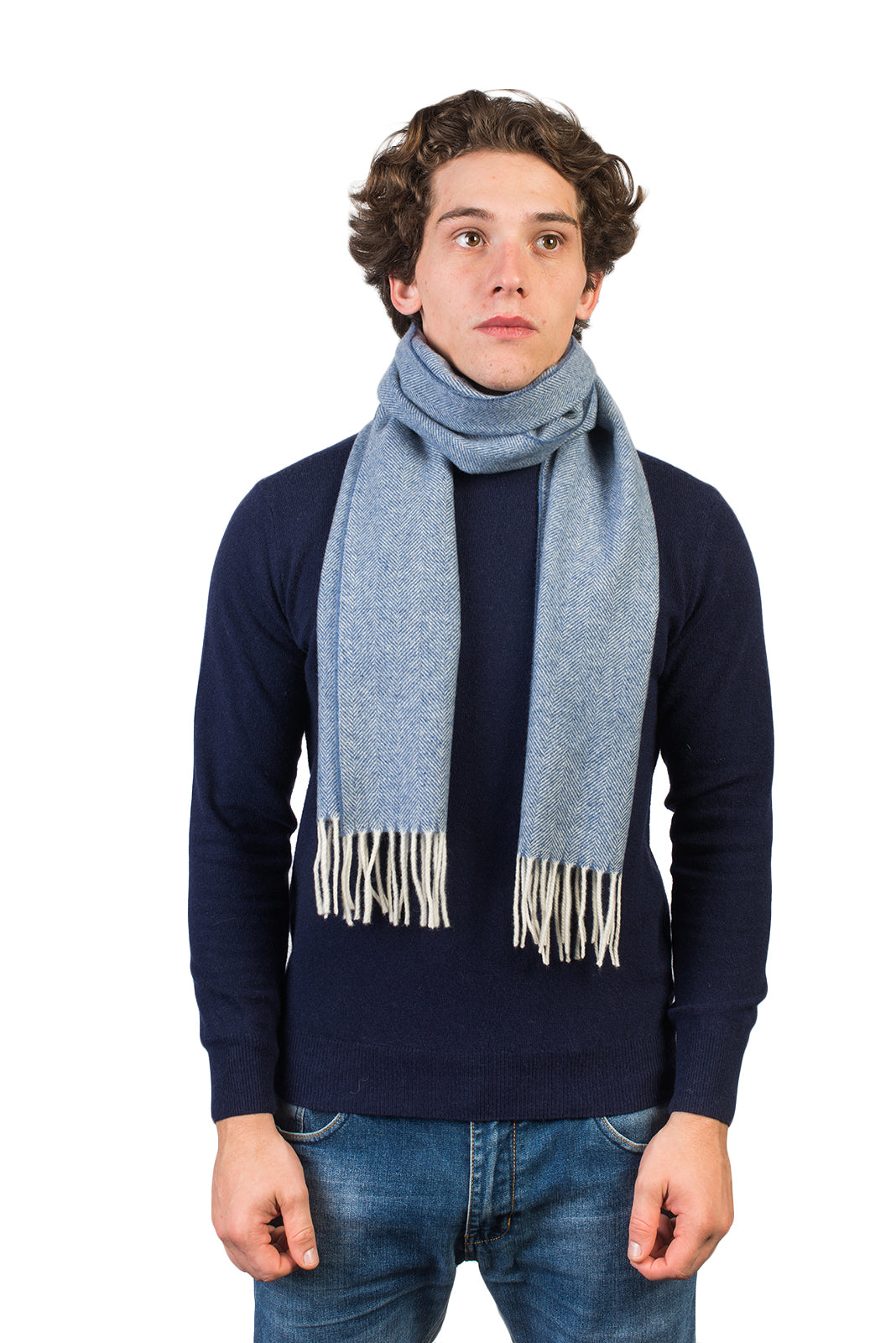 Herringbone wool and cashmere scarf, colour Sky | Dalle Piane Cashmere