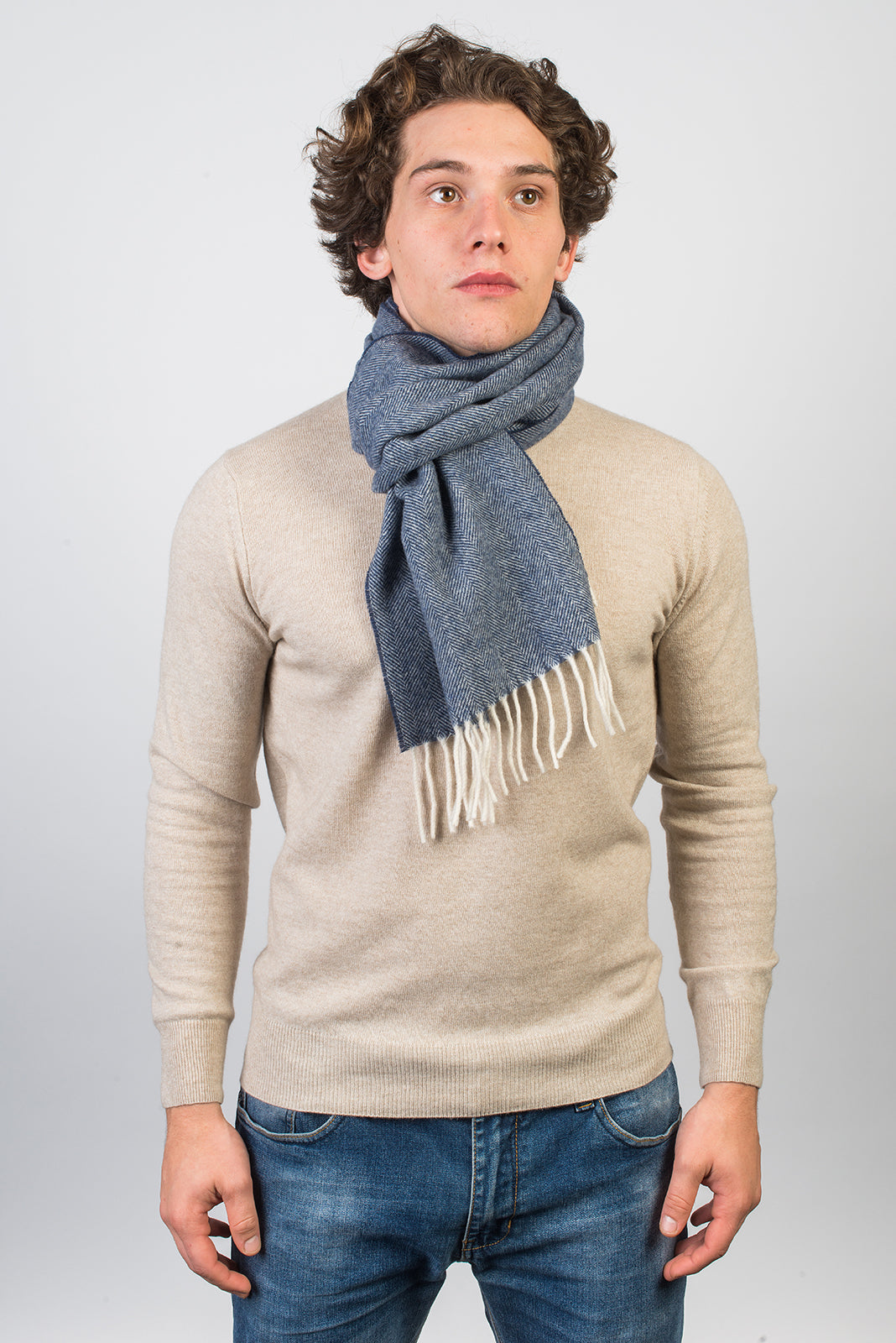 Herringbone wool and cashmere scarf, colour Blue, view 3 | Dalle Piane Cashmere