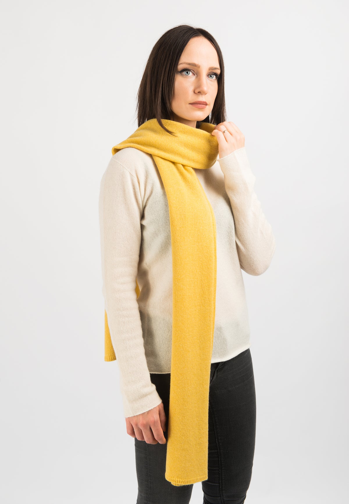 Women's wide 100% cashmere scarf, colour Yellow, view 2 | Dalle Piane Cashmere