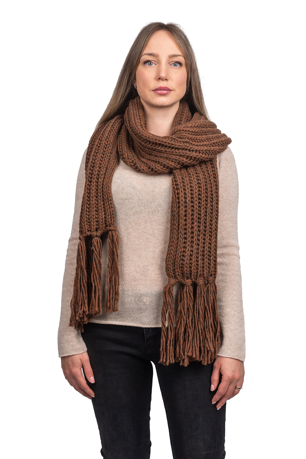 Fisherman's rib scarf with fringe, colour Moka | Dalle Piane Cashmere
