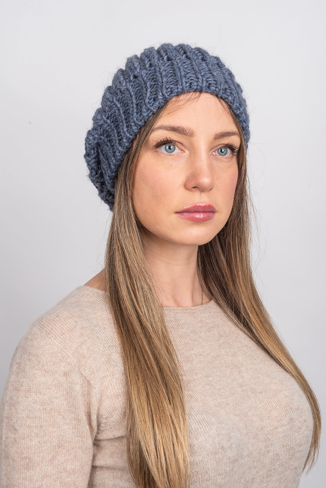 Women's fisherman's rib beanie, colour Jeans, view 3 | Dalle Piane Cashmere