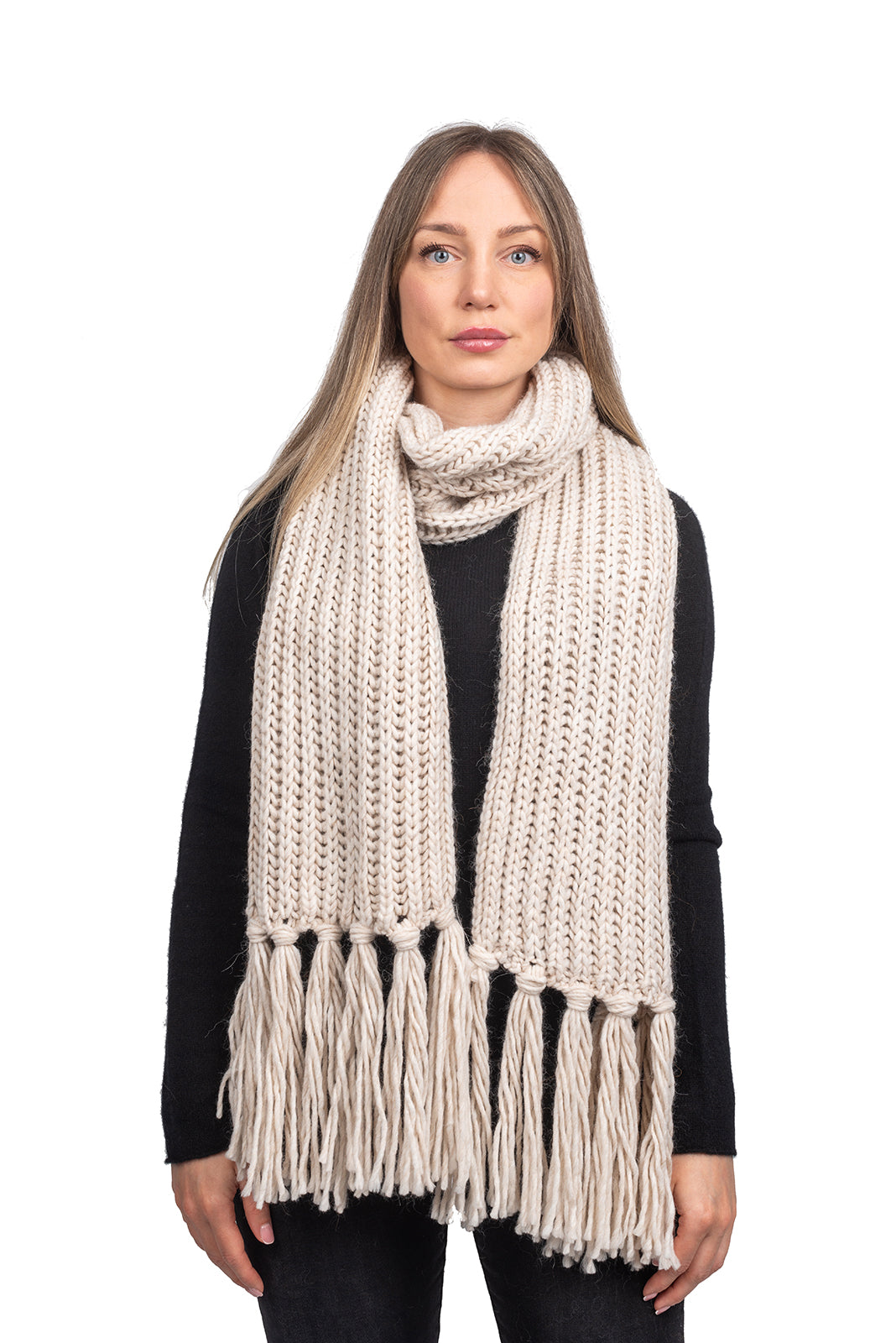Fisherman's rib scarf with fringe, colour Beige | Dalle Piane Cashmere