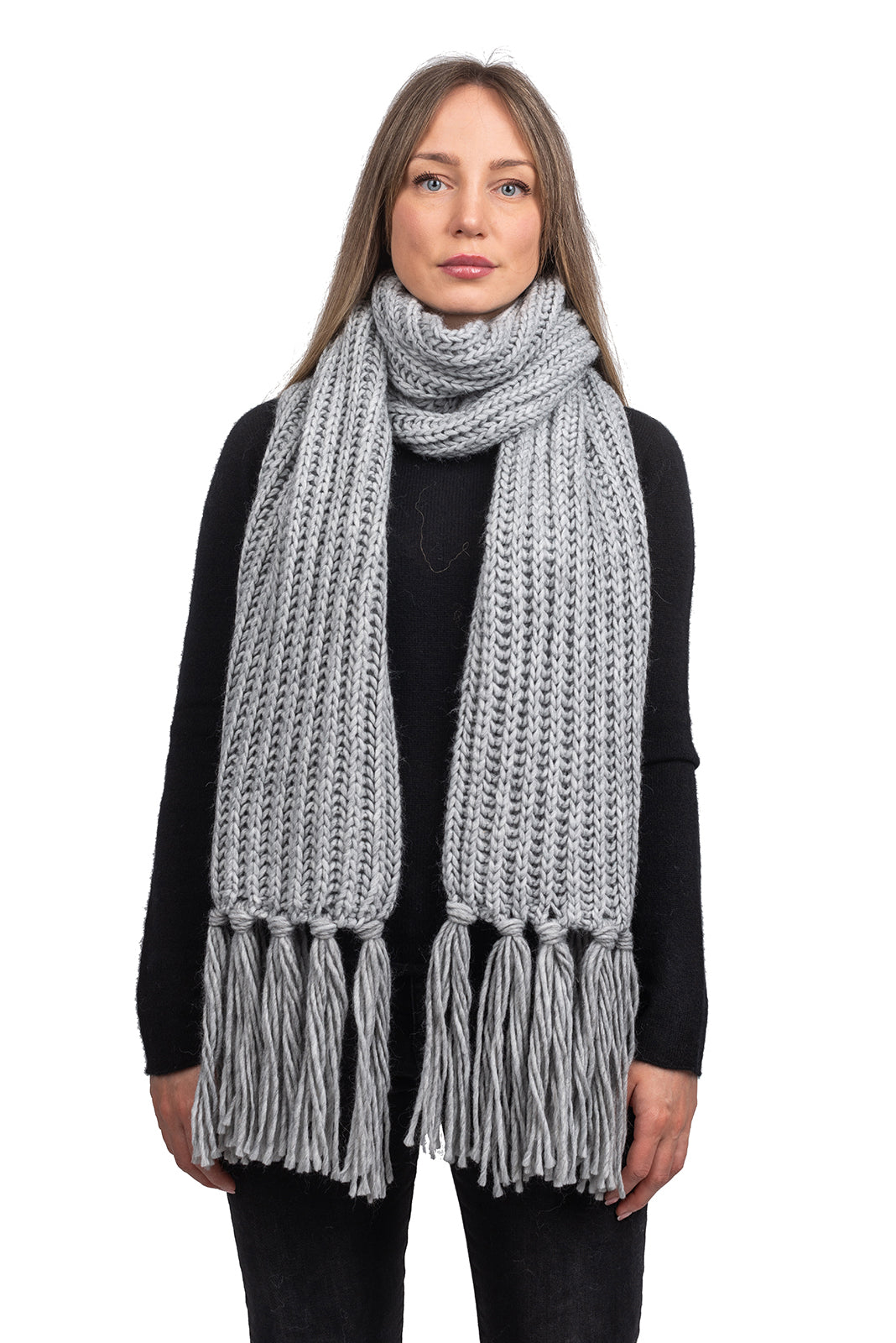Fisherman's rib scarf with fringe, colour Grey | Dalle Piane Cashmere