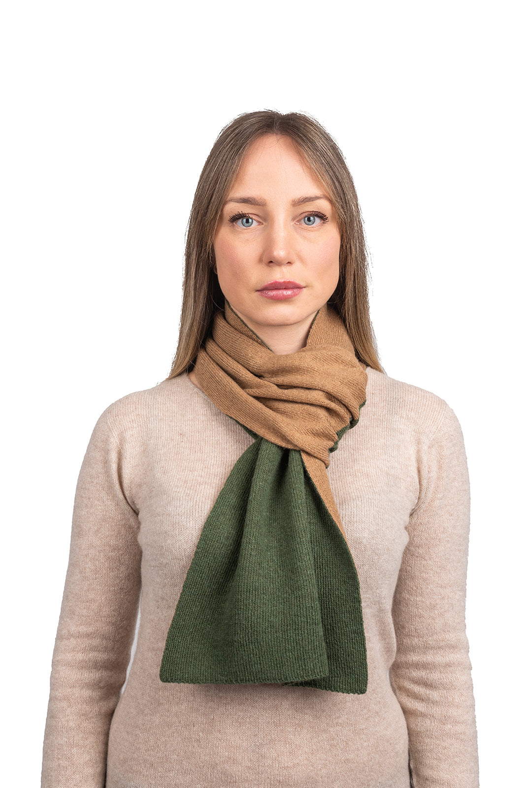 Women's reversible cashmere blend neck warmer, colour Olive-Camel | Dalle Piane Cashmere