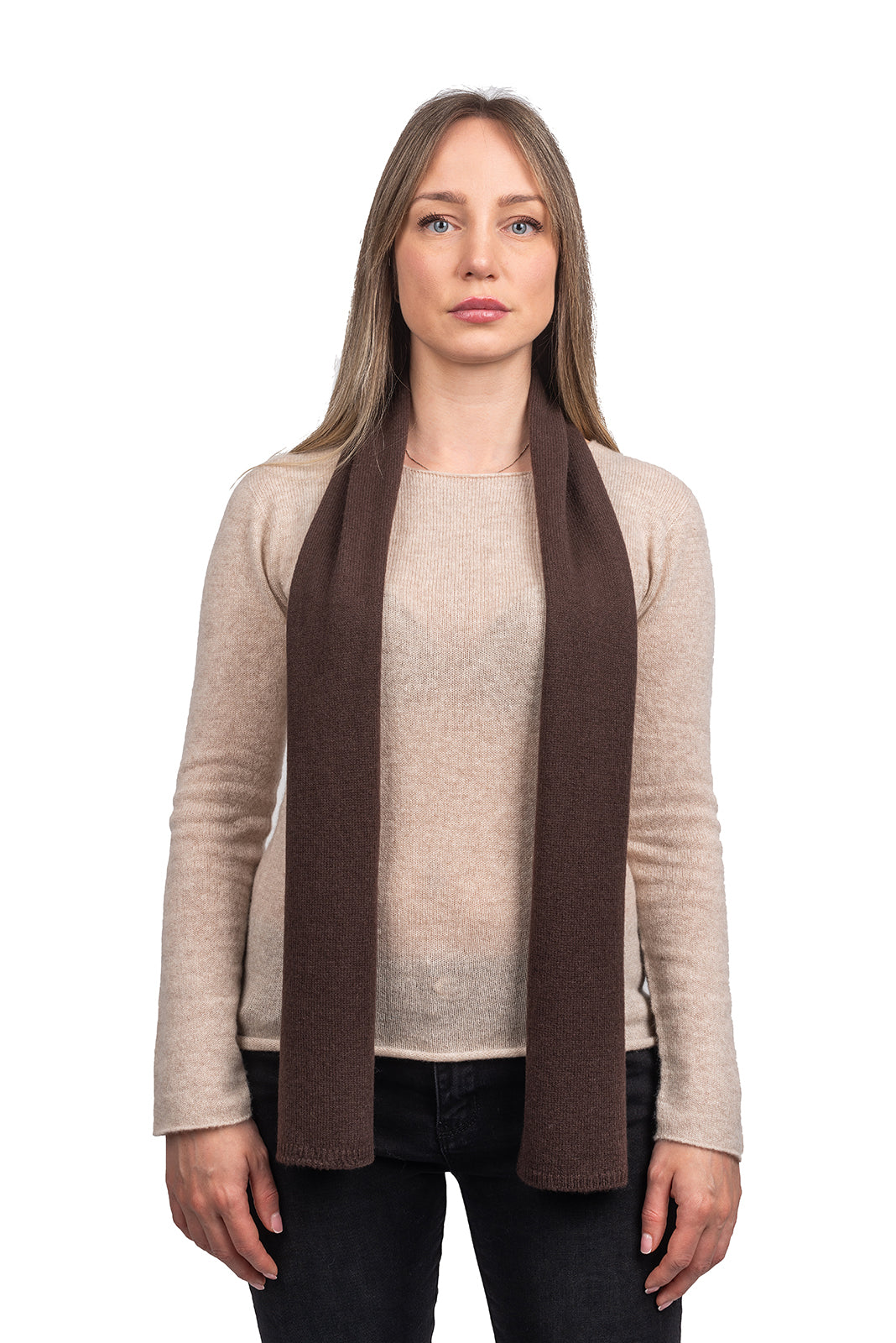 Women's 100% cashmere skinny scarf, colour Brown | Dalle Piane Cashmere