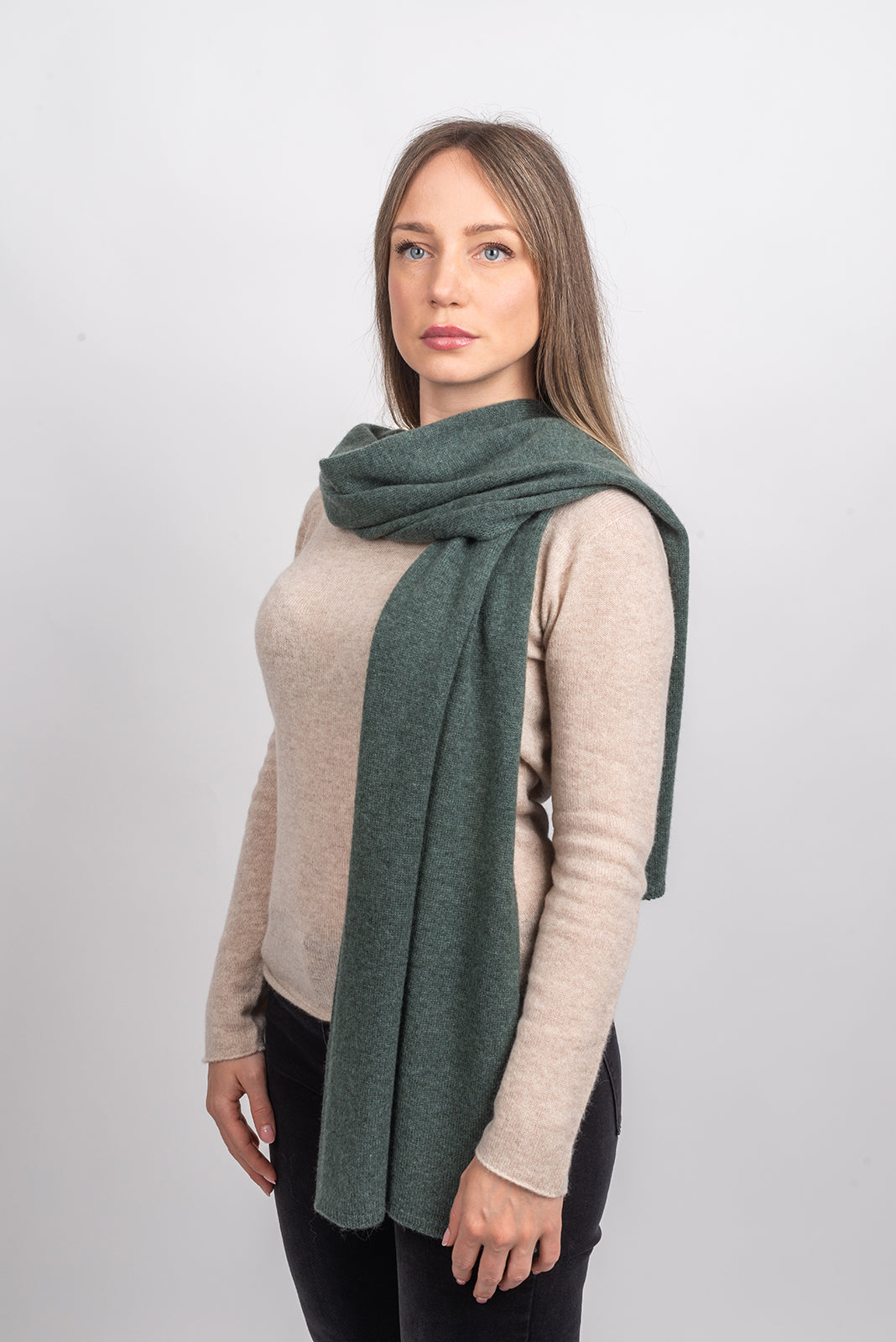 Women's wide 100% cashmere scarf, colour Sage Green, view 3 | Dalle Piane Cashmere