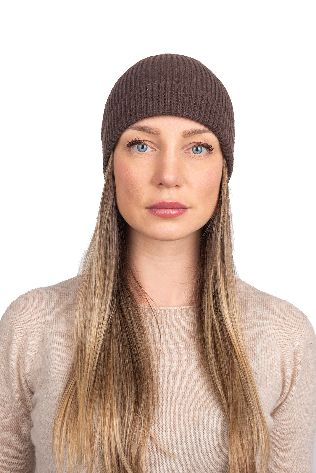 Women's fisherman's rib 100% cashmere beanie, colour Brown | Dalle Piane Cashmere