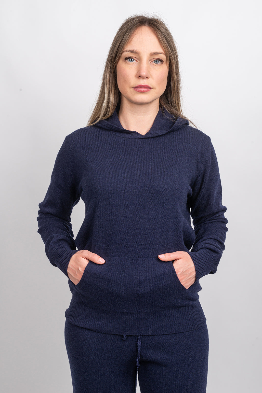 Women's hooded cashmere blend sweatshirt, colour Blue, view 2 | Dalle Piane Cashmere