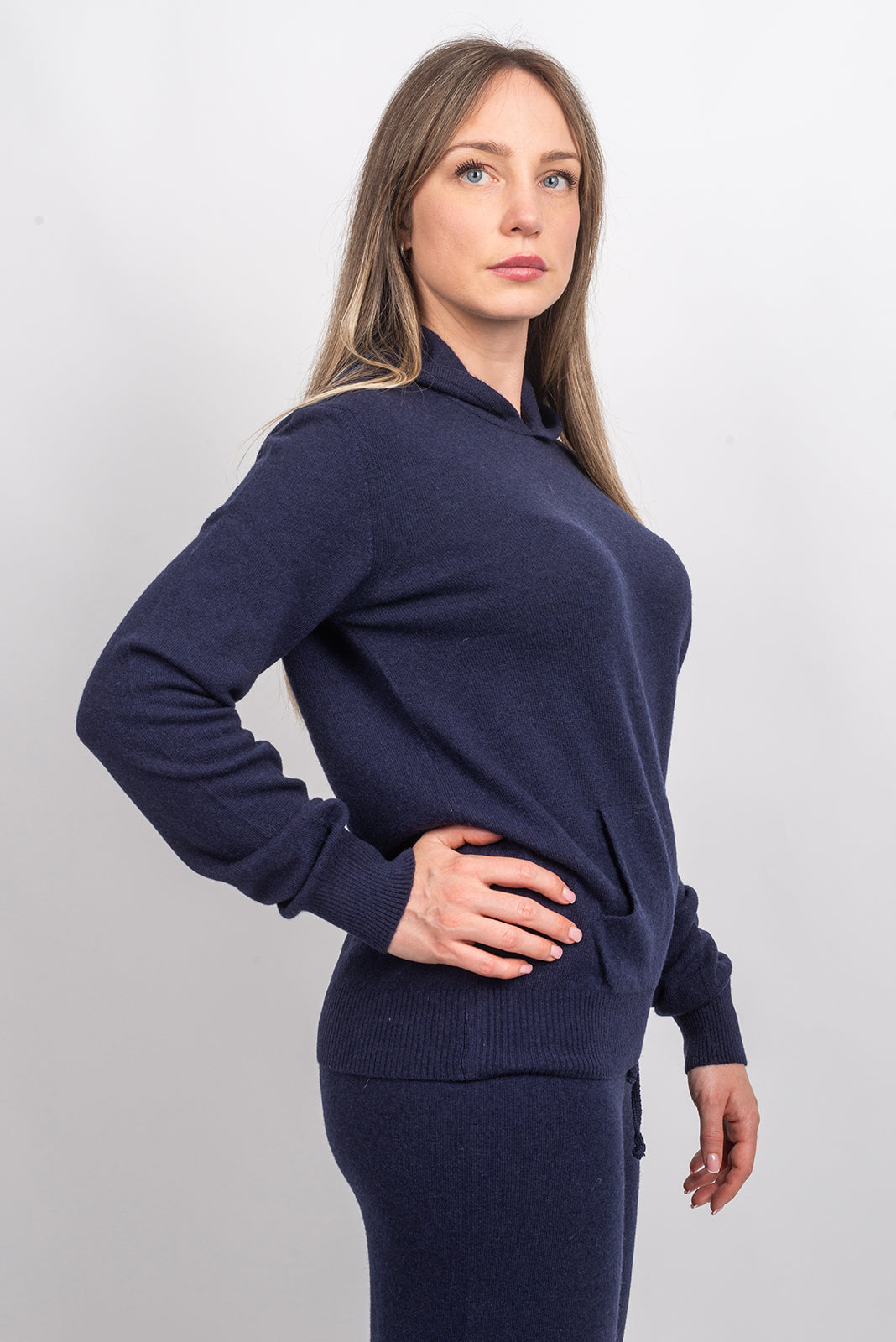 Women's hooded cashmere blend sweatshirt, colour Blue, view 4 | Dalle Piane Cashmere
