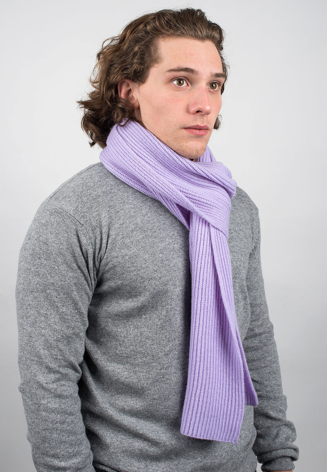Men's fisherman's rib 100% cashmere scarf, colour Lilac, view 2 | Dalle Piane Cashmere