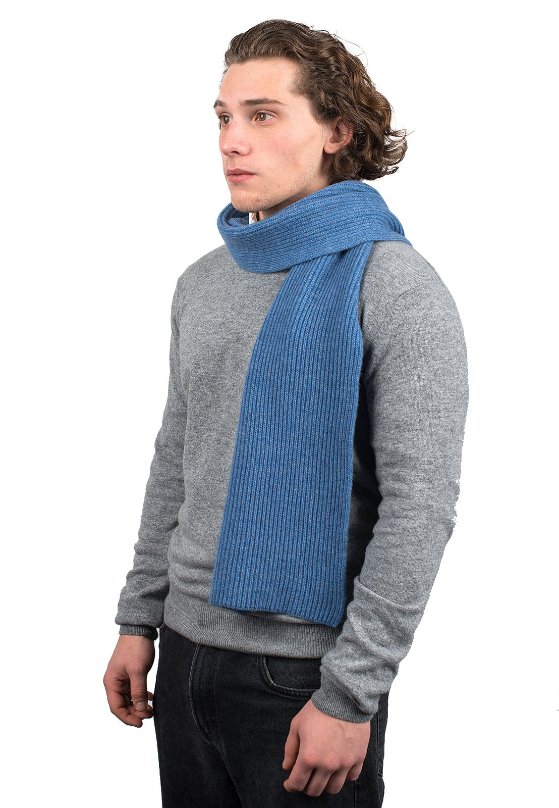 Men's fisherman's rib 100% cashmere scarf, colour Light Blue | Dalle Piane Cashmere