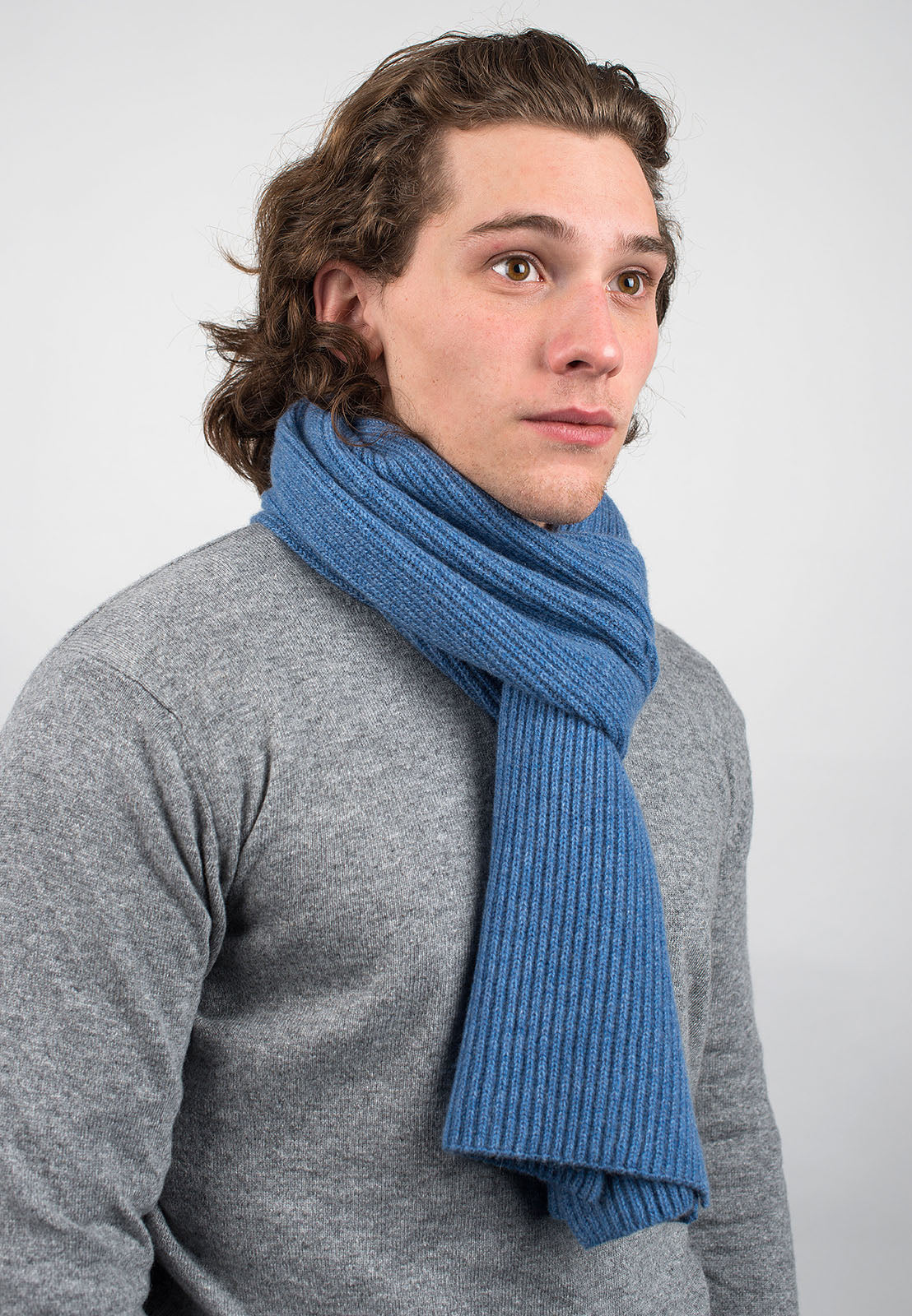 Men's fisherman's rib 100% cashmere scarf, colour Light Blue, view 2 | Dalle Piane Cashmere