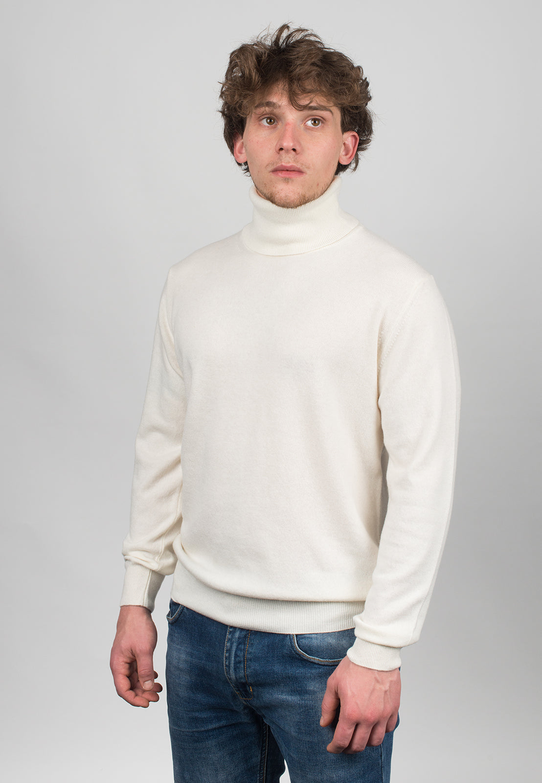 Men's cashmere blend turtleneck, colour Cream, view 2 | Dalle Piane Cashmere