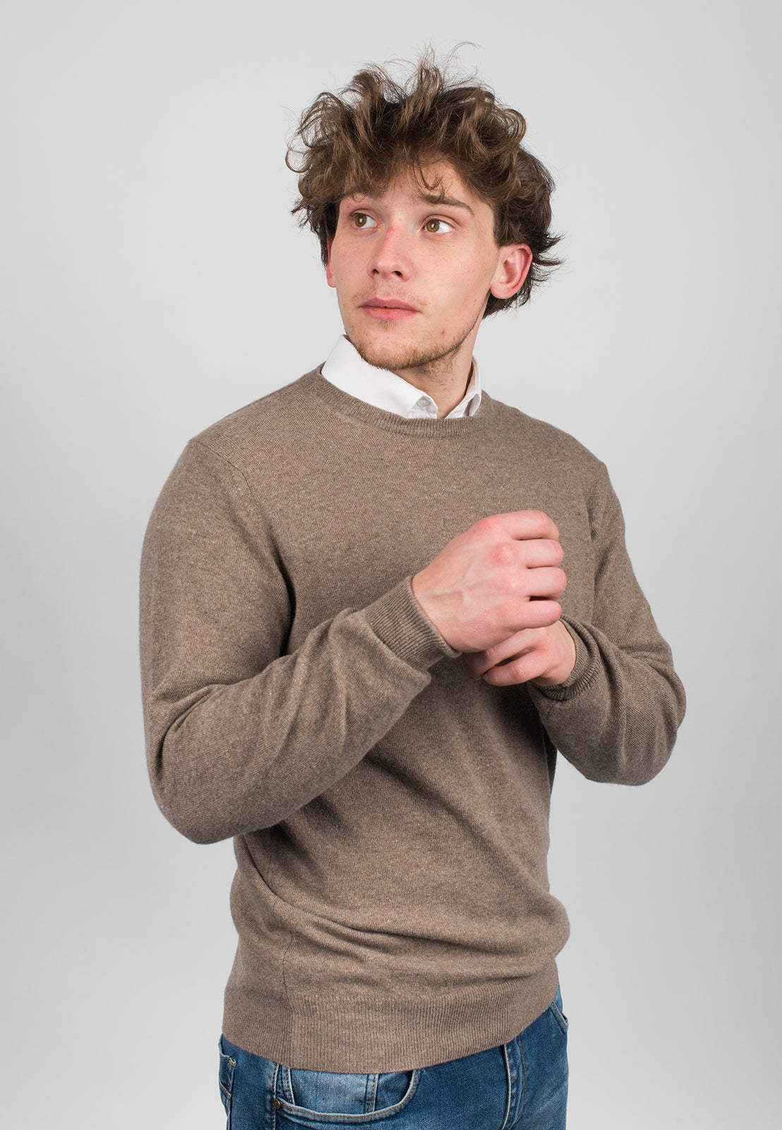 Men's cashmere blend crewneck, colour Mink, view 3 | Dalle Piane Cashmere