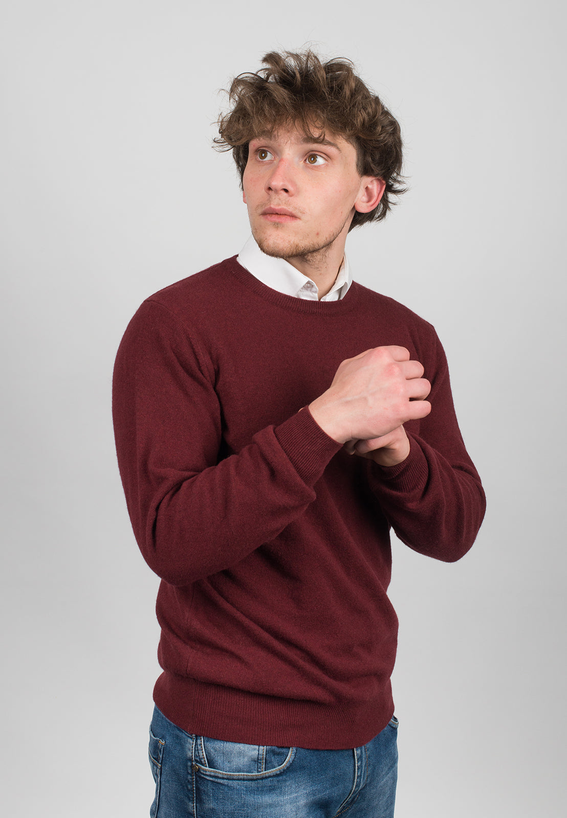Men's cashmere blend crewneck, colour Bordeaux, view 3 | Dalle Piane Cashmere