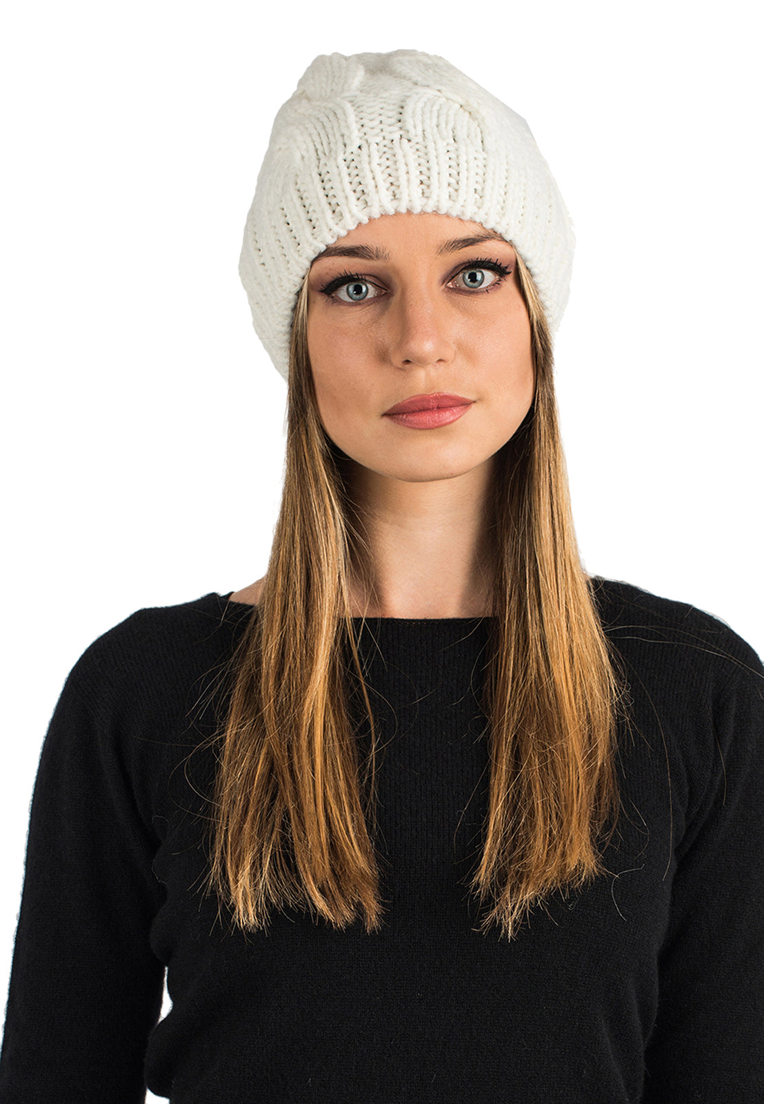 Women's cable-knit beanie, colour Cream | Dalle Piane Cashmere