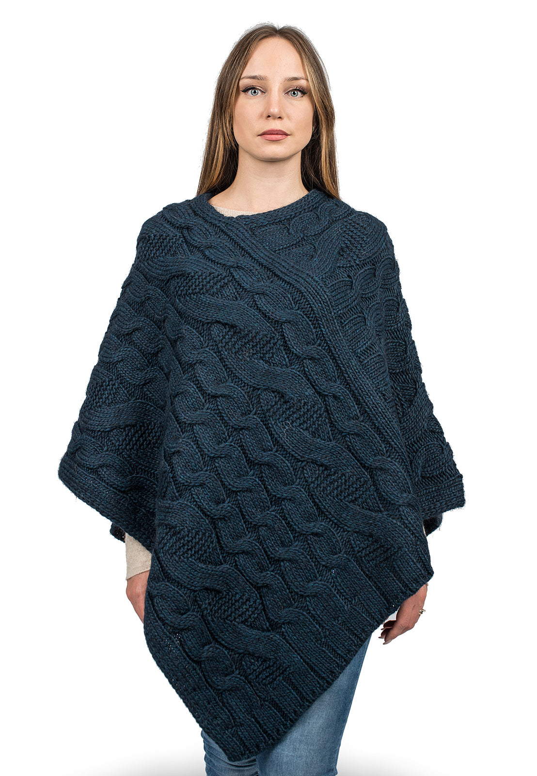Cable-knit V-neck poncho, colour Blue | Dalle Piane Cashmere