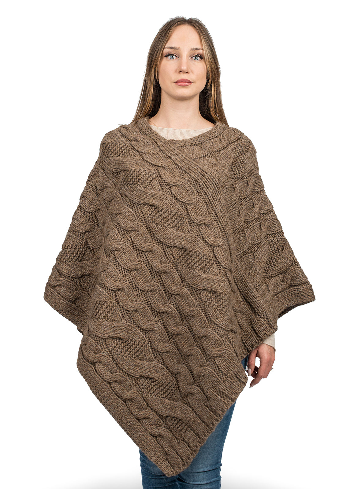 Cable-knit V-neck poncho, colour Mink | Dalle Piane Cashmere