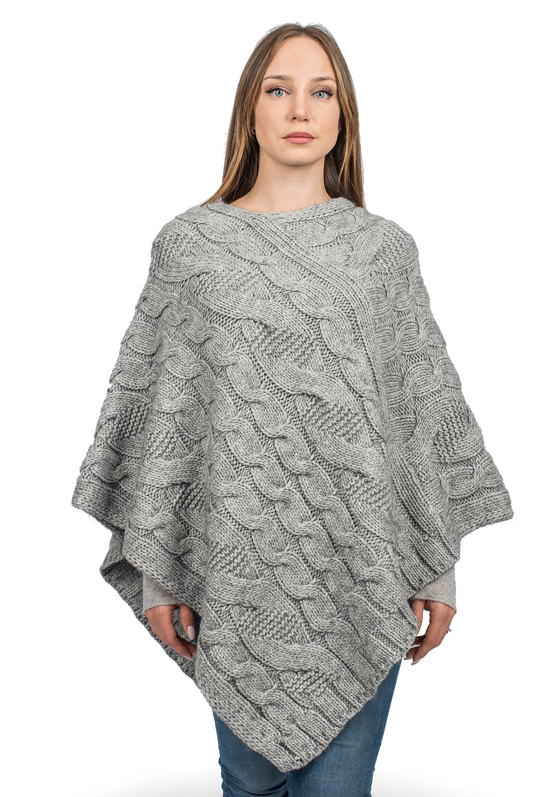 Cable-knit V-neck poncho, colour Grey | Dalle Piane Cashmere