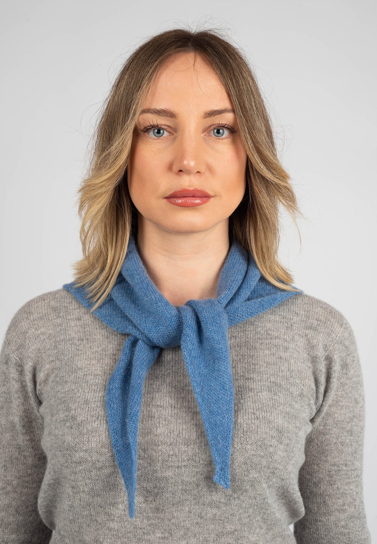 Women's 100% cashmere triangle scarf, colour Light Blue, view 3 | Dalle Piane Cashmere