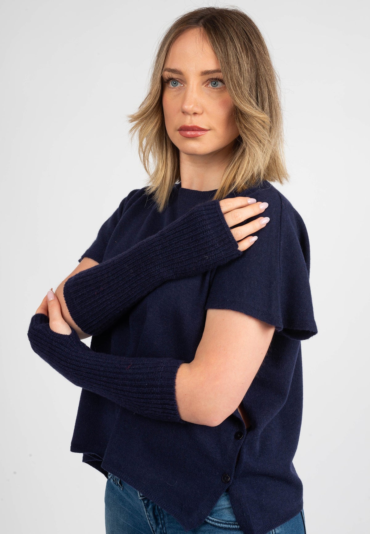 Women's cashmere blend arm warmers, colour Blue, view 4 | Dalle Piane Cashmere