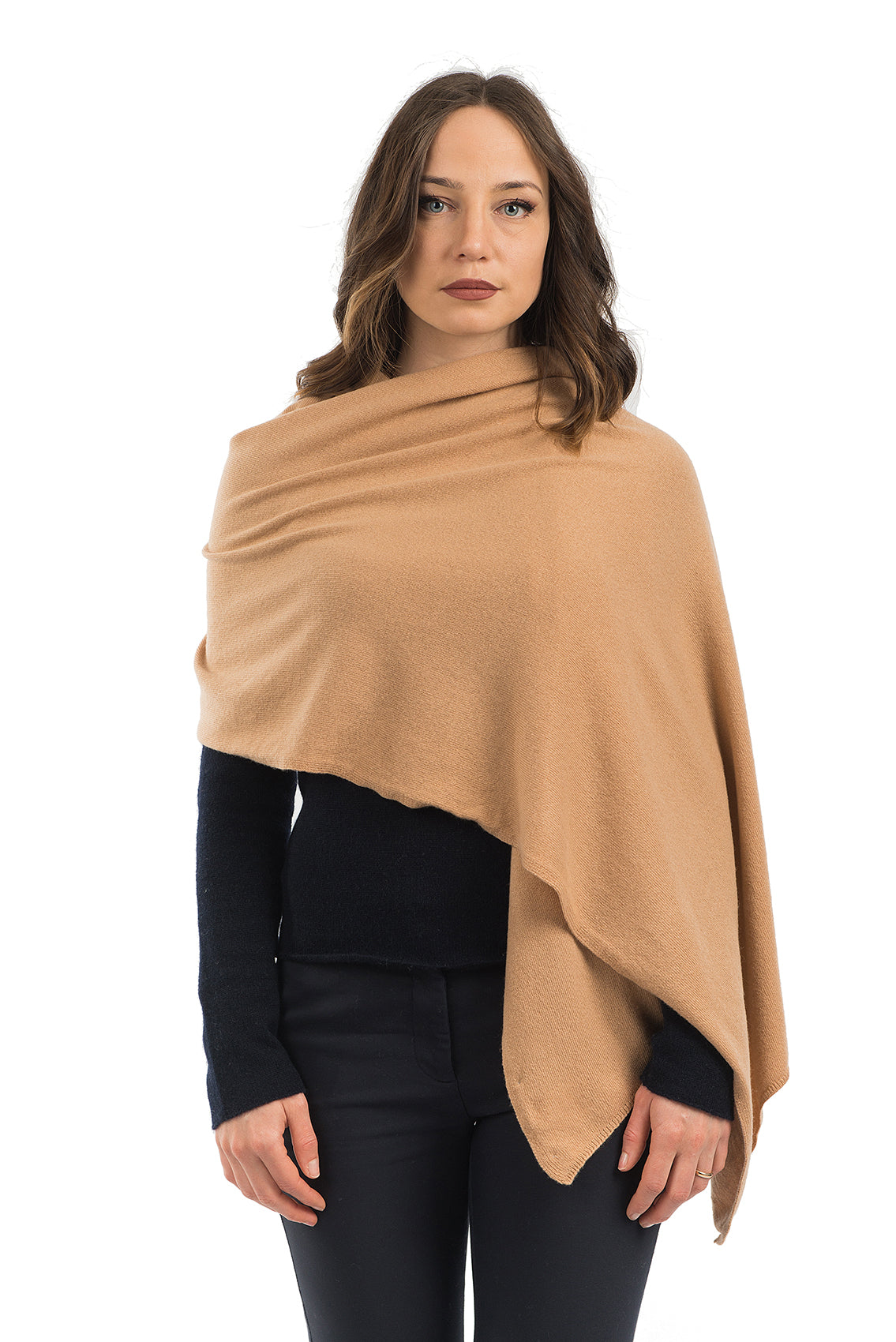 Women's cashmere blend wrap, colour Camel, view 2 | Dalle Piane Cashmere