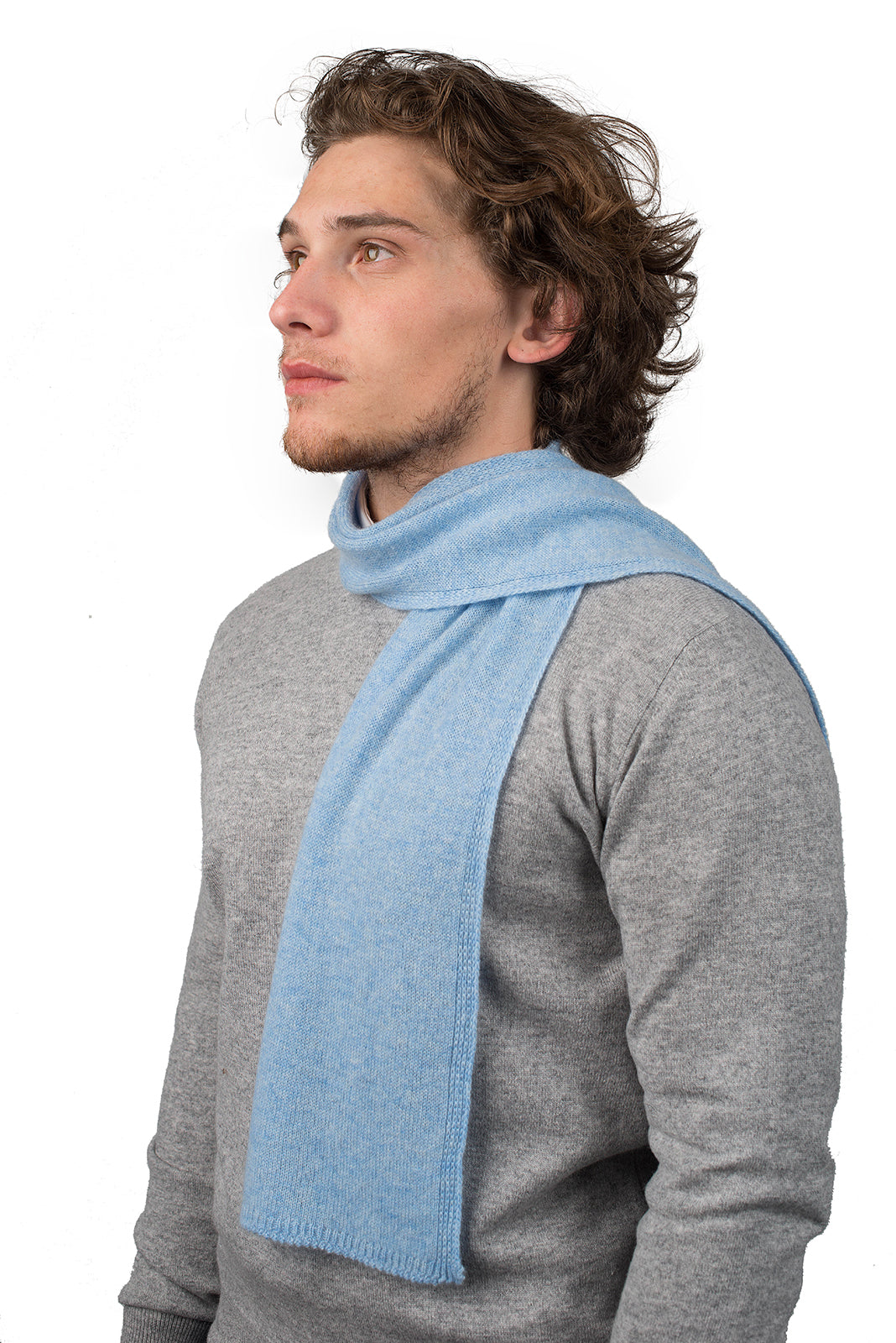Men's 100% cashmere skinny scarf, colour Sky | Dalle Piane Cashmere