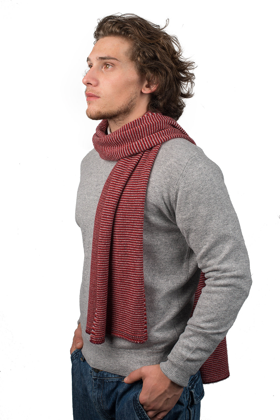 Men's striped 100% cashmere scarf, colour Red-Bordeaux-Grey | Dalle Piane Cashmere