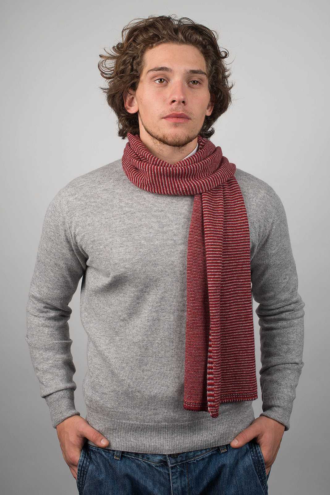 Men's striped 100% cashmere scarf, colour Red-Bordeaux-Grey, view 2 | Dalle Piane Cashmere