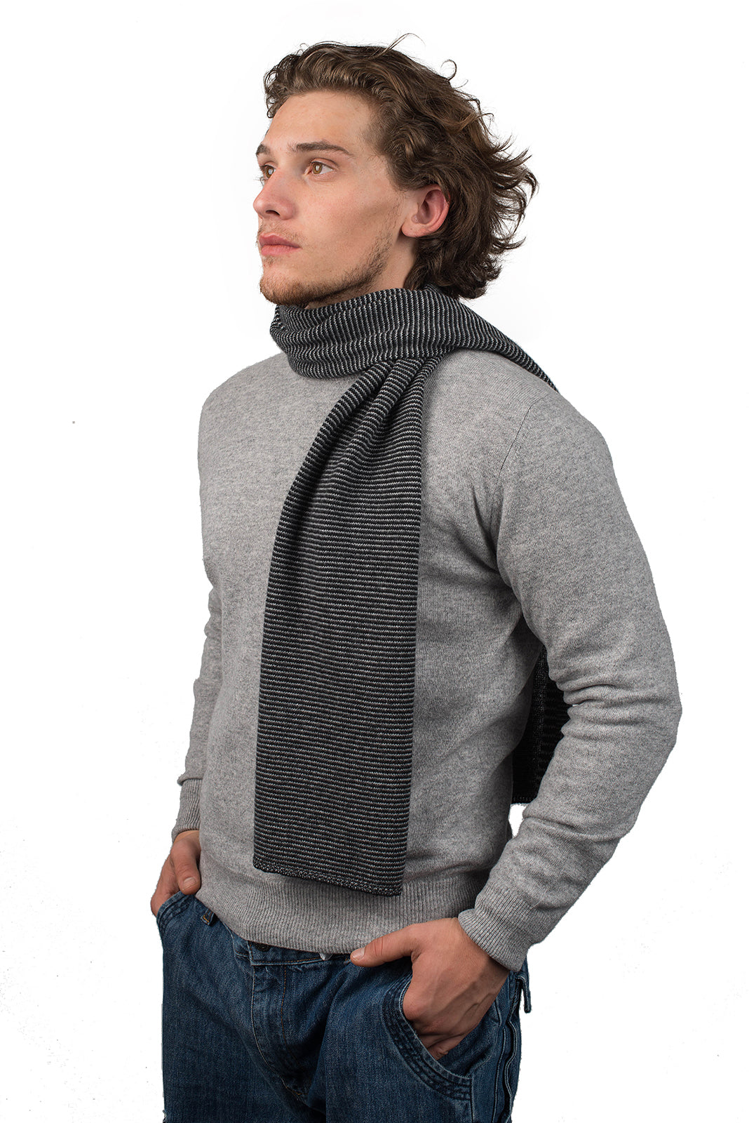Men's striped 100% cashmere scarf, colour Black-Anthracite-Grey | Dalle Piane Cashmere