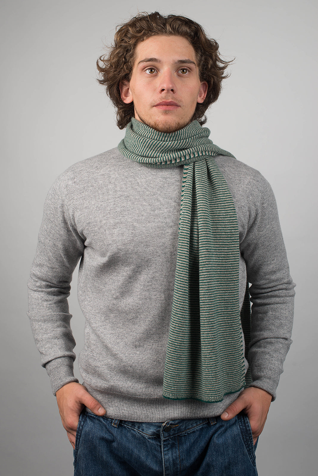 Men's striped 100% cashmere scarf, colour Green-Beige-Cream, view 2 | Dalle Piane Cashmere