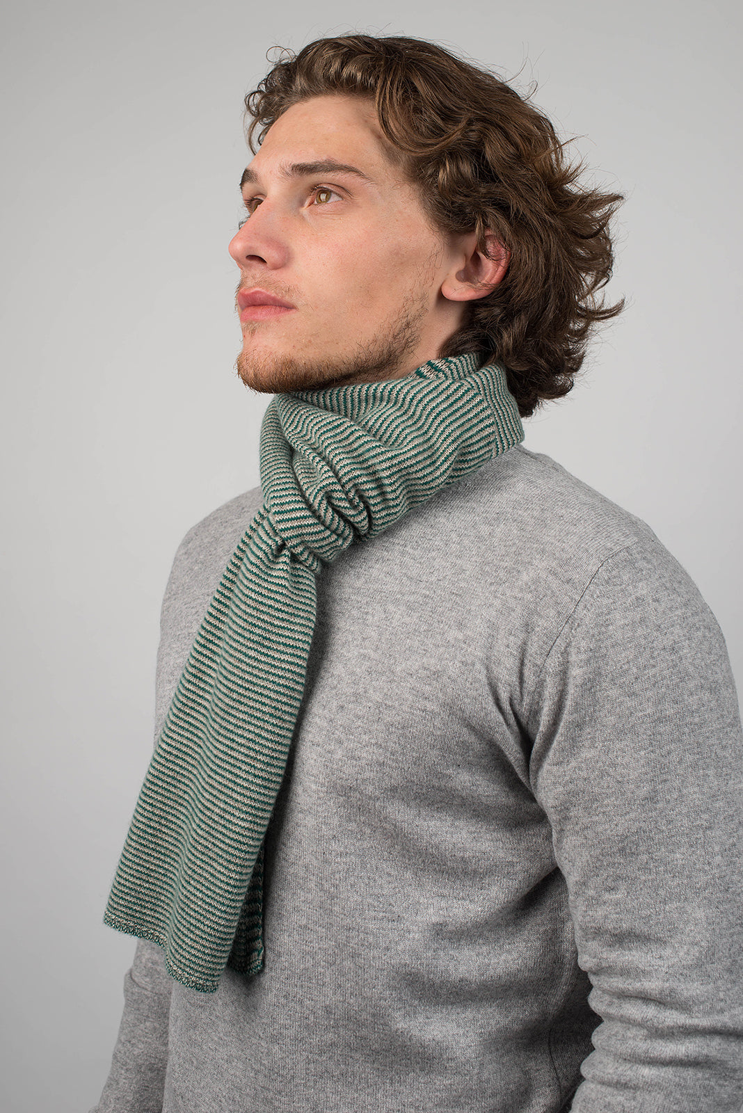 Men's striped 100% cashmere scarf, colour Green-Beige-Cream, view 3 | Dalle Piane Cashmere