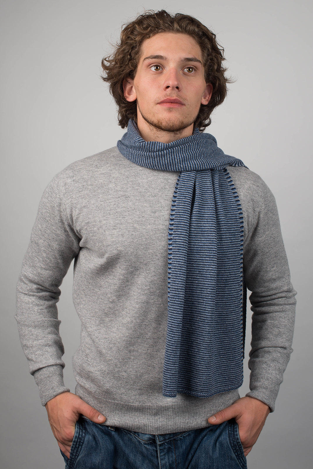 Men's striped 100% cashmere scarf, colour Blue-Light Blue-Sky, view 2 | Dalle Piane Cashmere