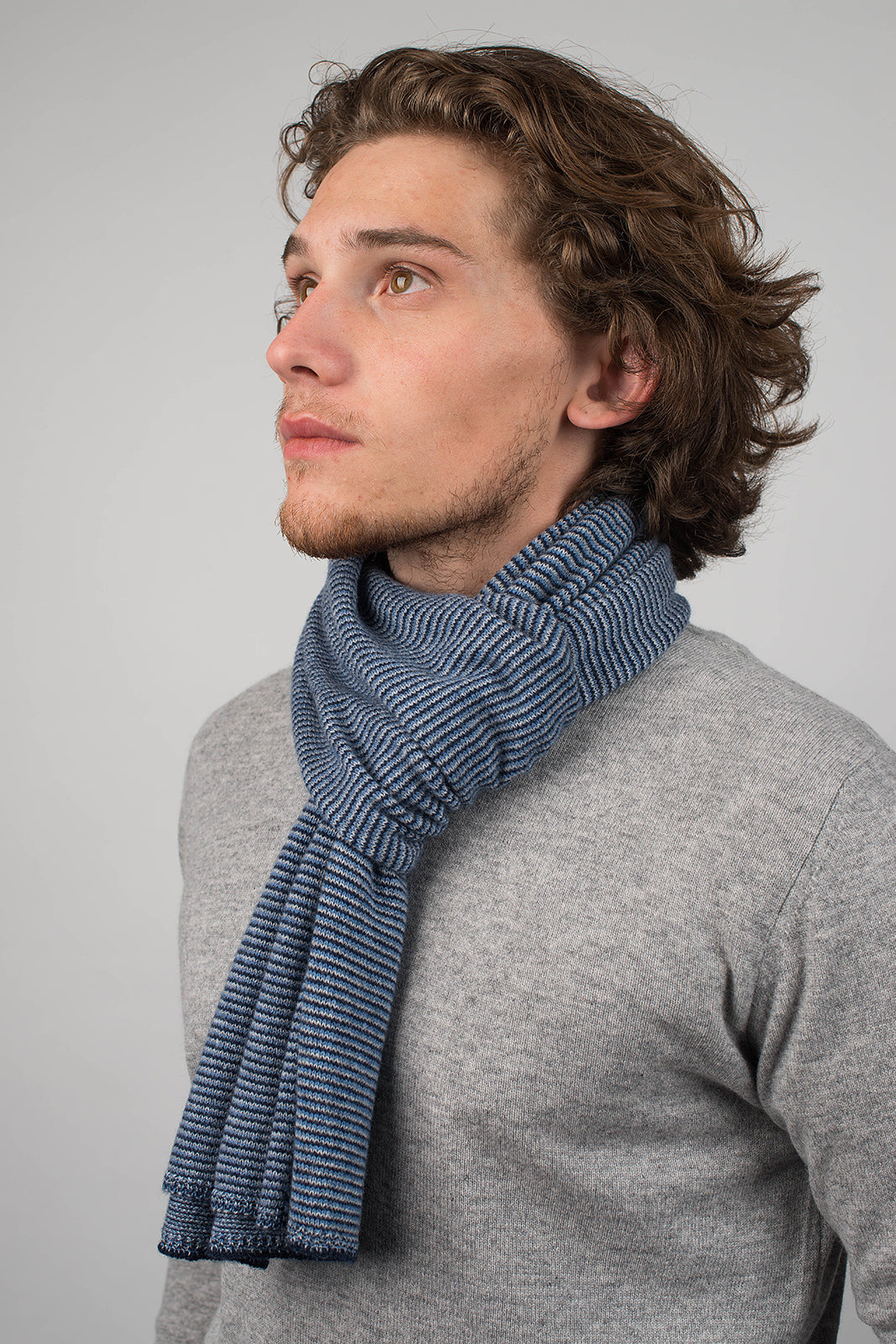 Men's striped 100% cashmere scarf, colour Blue-Light Blue-Sky, view 3 | Dalle Piane Cashmere