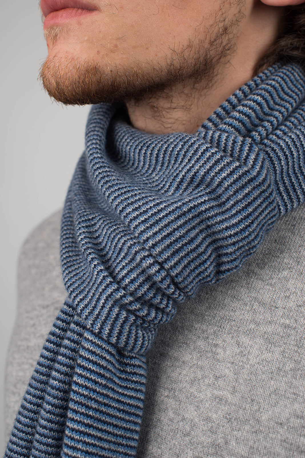 Men's striped 100% cashmere scarf, colour Blue-Light Blue-Sky, view 4 | Dalle Piane Cashmere