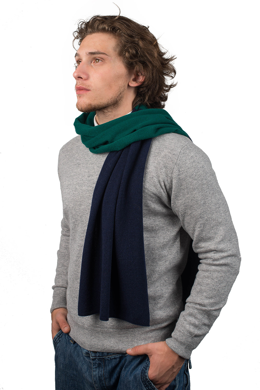 Men's two-tone 100% cashmere scarf, colour Blue-Green | Dalle Piane Cashmere