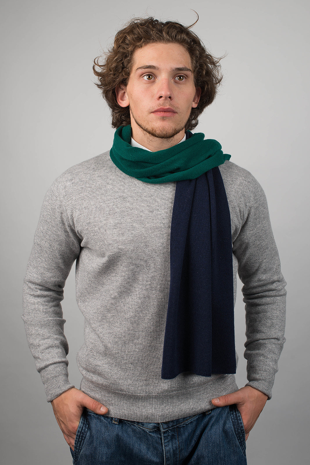 Men's two-tone 100% cashmere scarf, colour Blue-Green, view 2 | Dalle Piane Cashmere