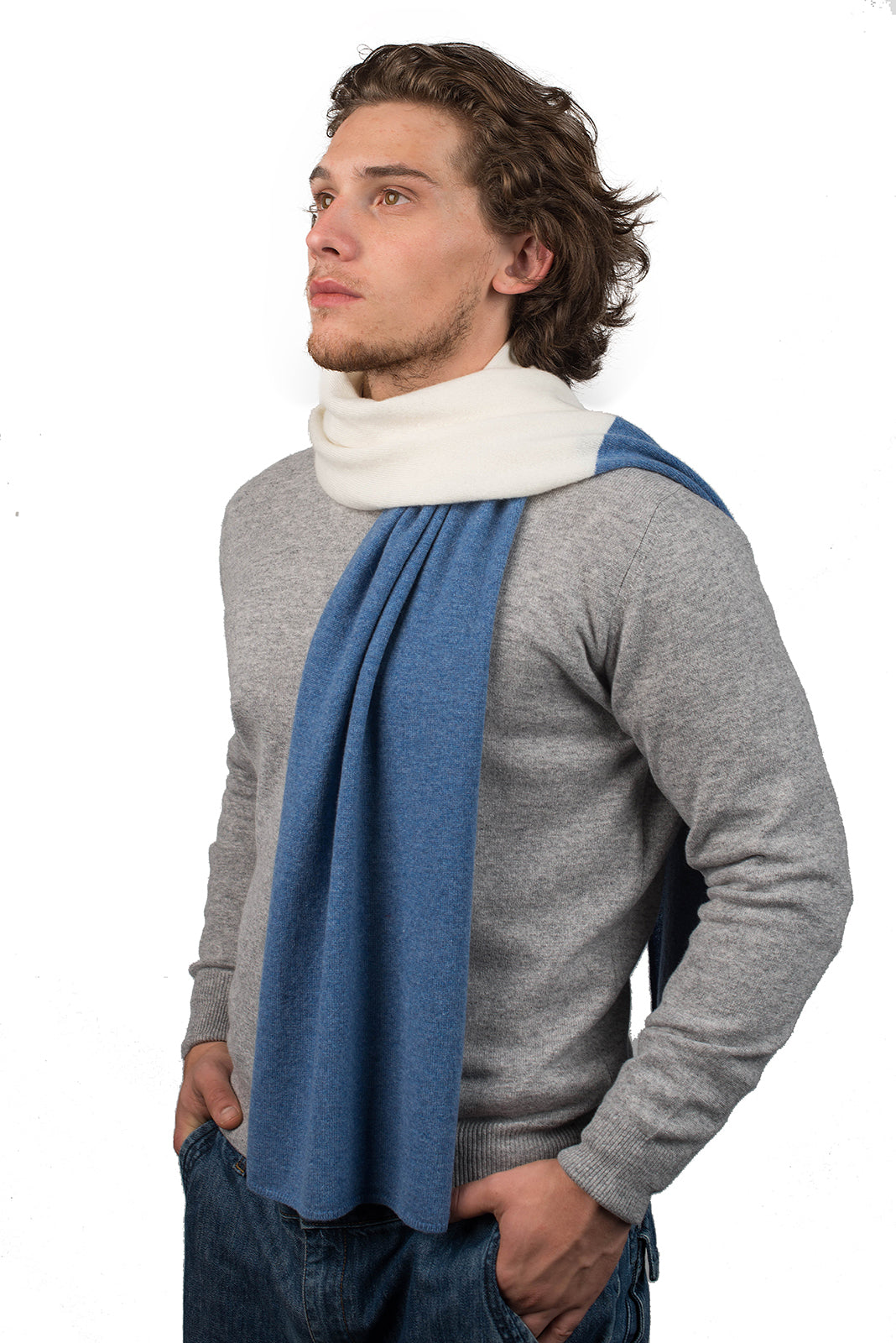 Men's two-tone 100% cashmere scarf, colour Cream-Light Blue | Dalle Piane Cashmere