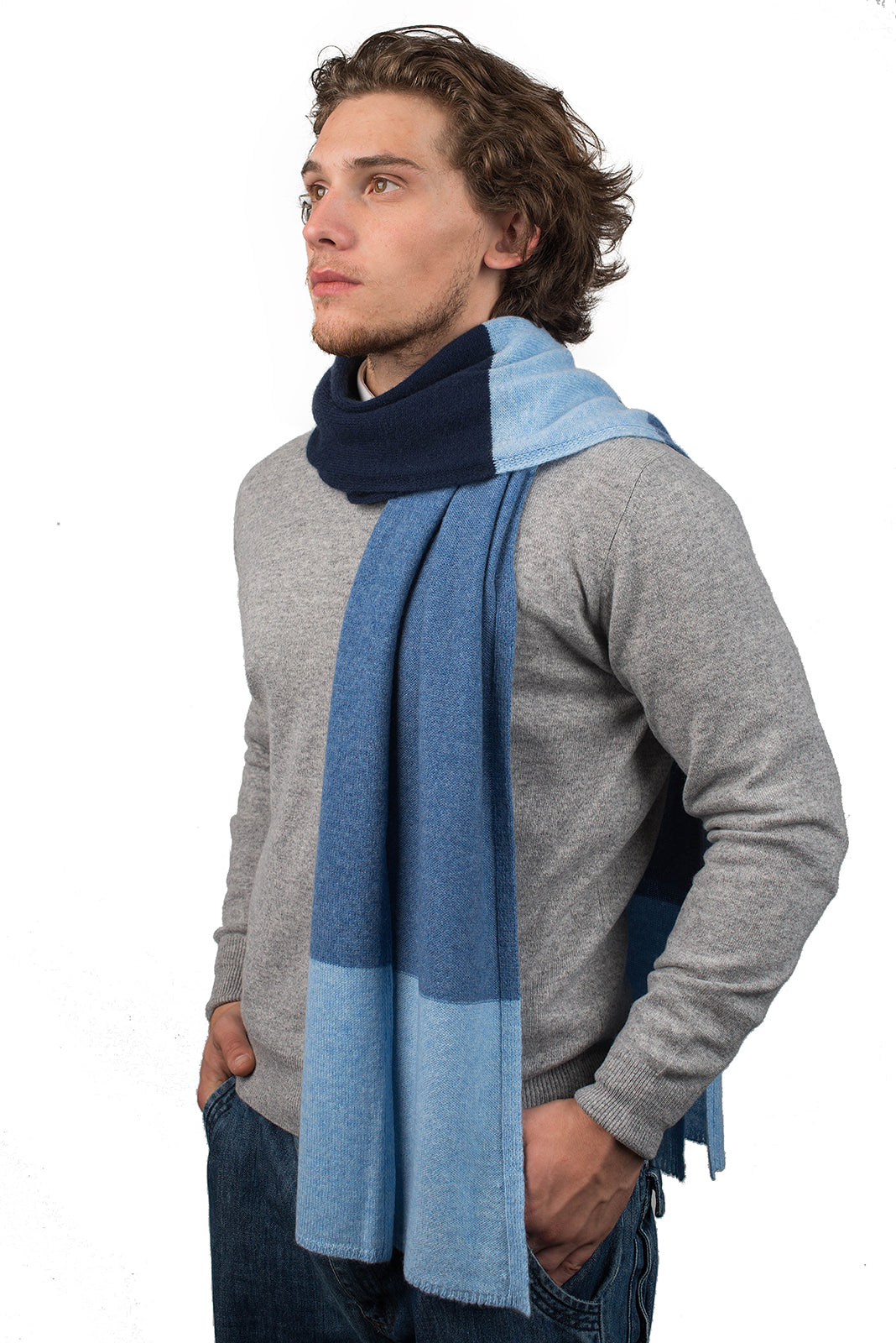 Men's three-colour 100% cashmere scarf, colour Blue-Sky-Light Blue | Dalle Piane Cashmere