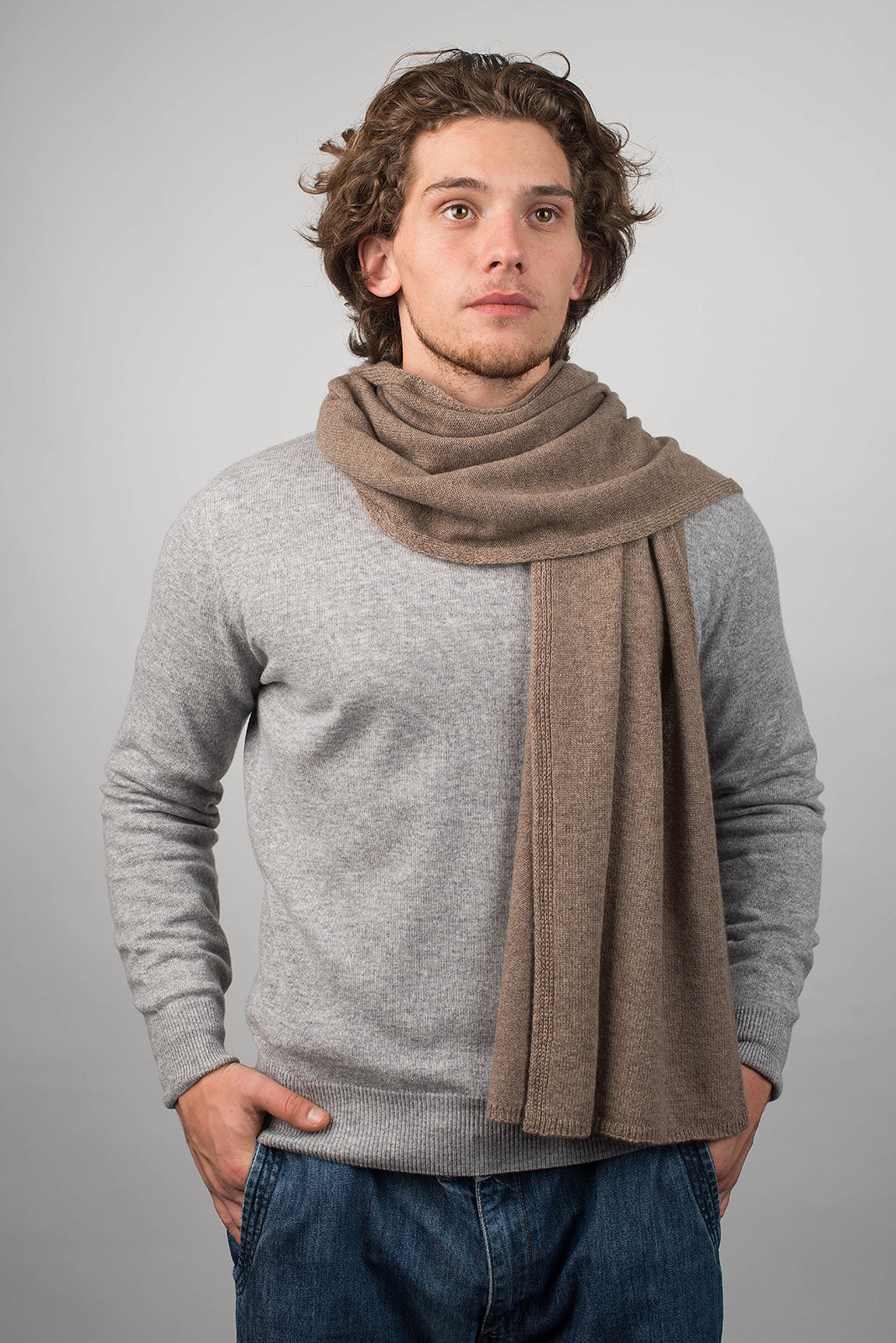 Men's wide 100% cashmere scarf, colour Mink, view 2 | Dalle Piane Cashmere