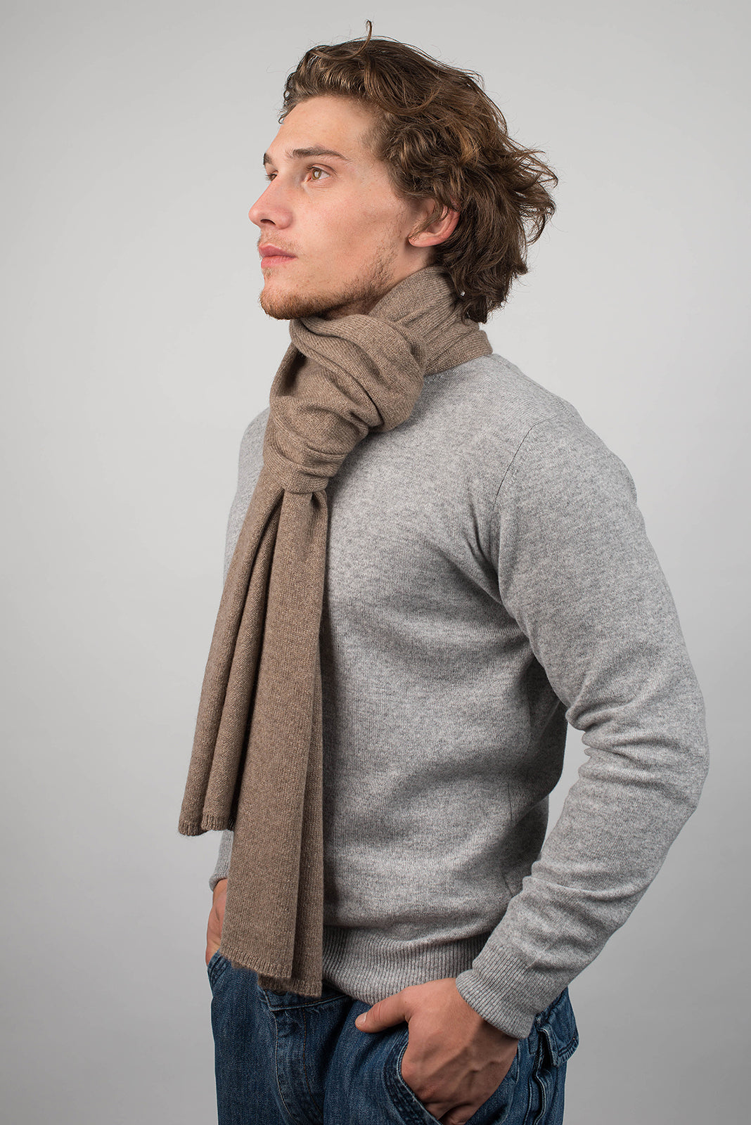 Men's wide 100% cashmere scarf, colour Mink, view 3 | Dalle Piane Cashmere