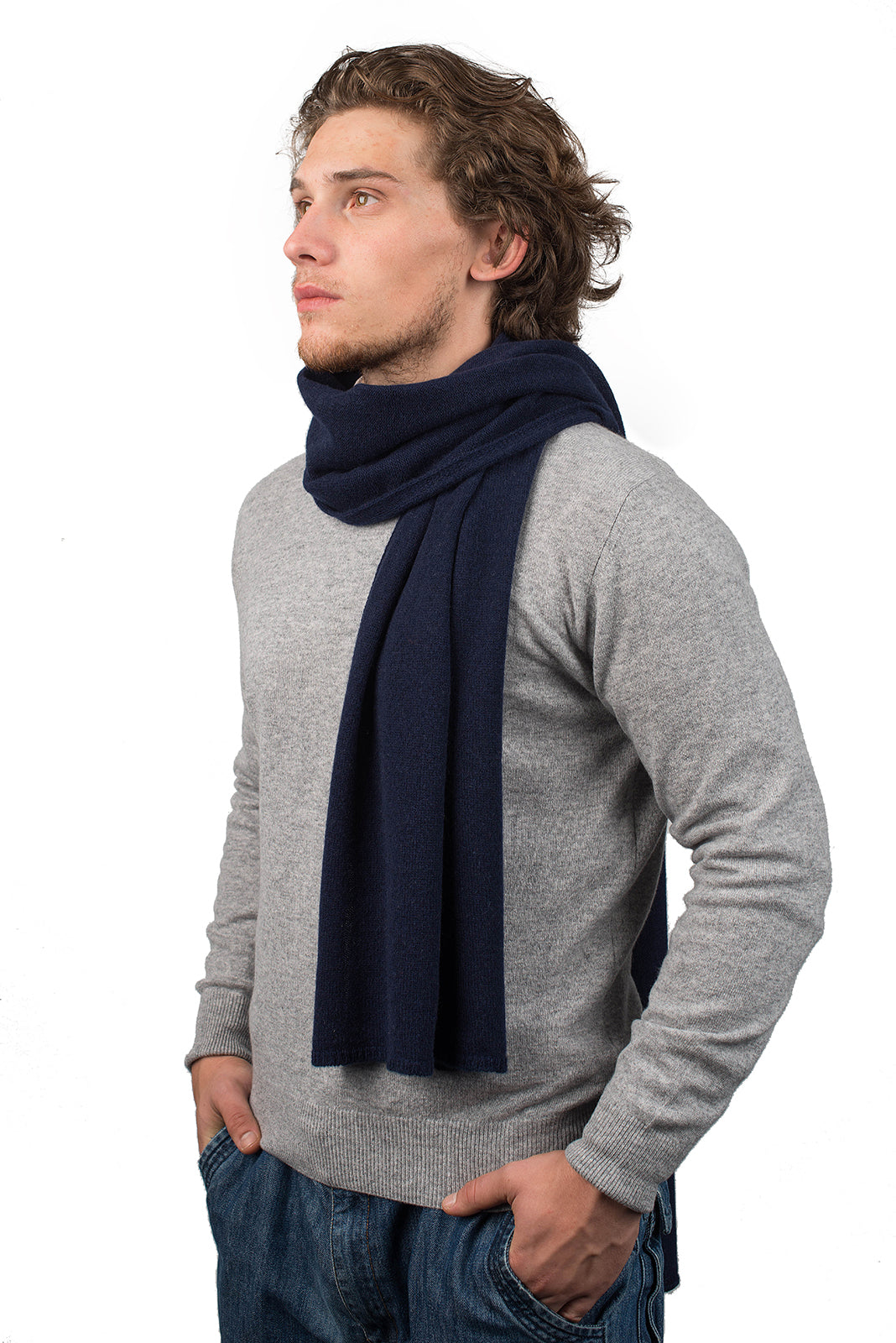 Men's wide 100% cashmere scarf, colour Blue | Dalle Piane Cashmere