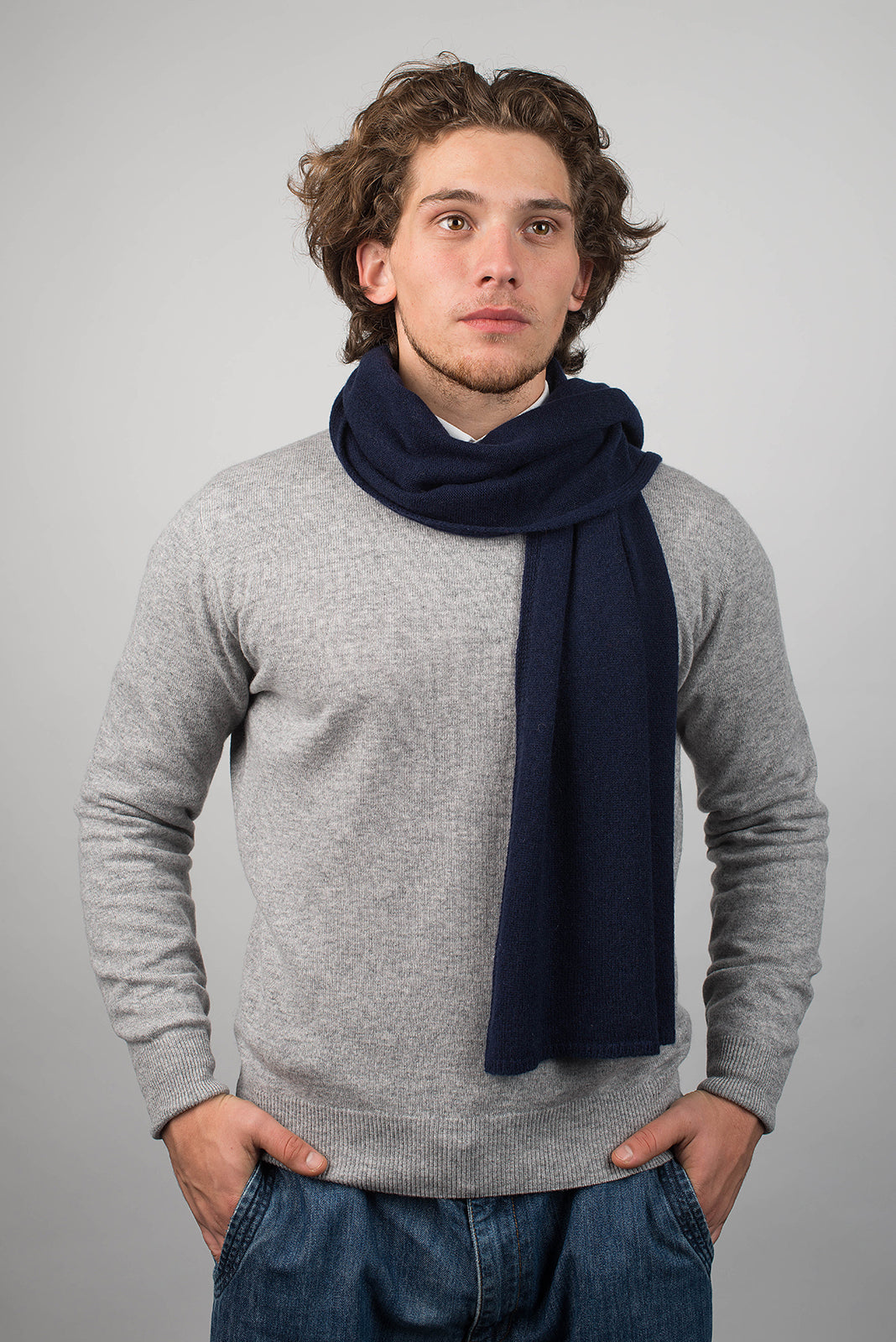 Men's wide 100% cashmere scarf, colour Blue, view 2 | Dalle Piane Cashmere
