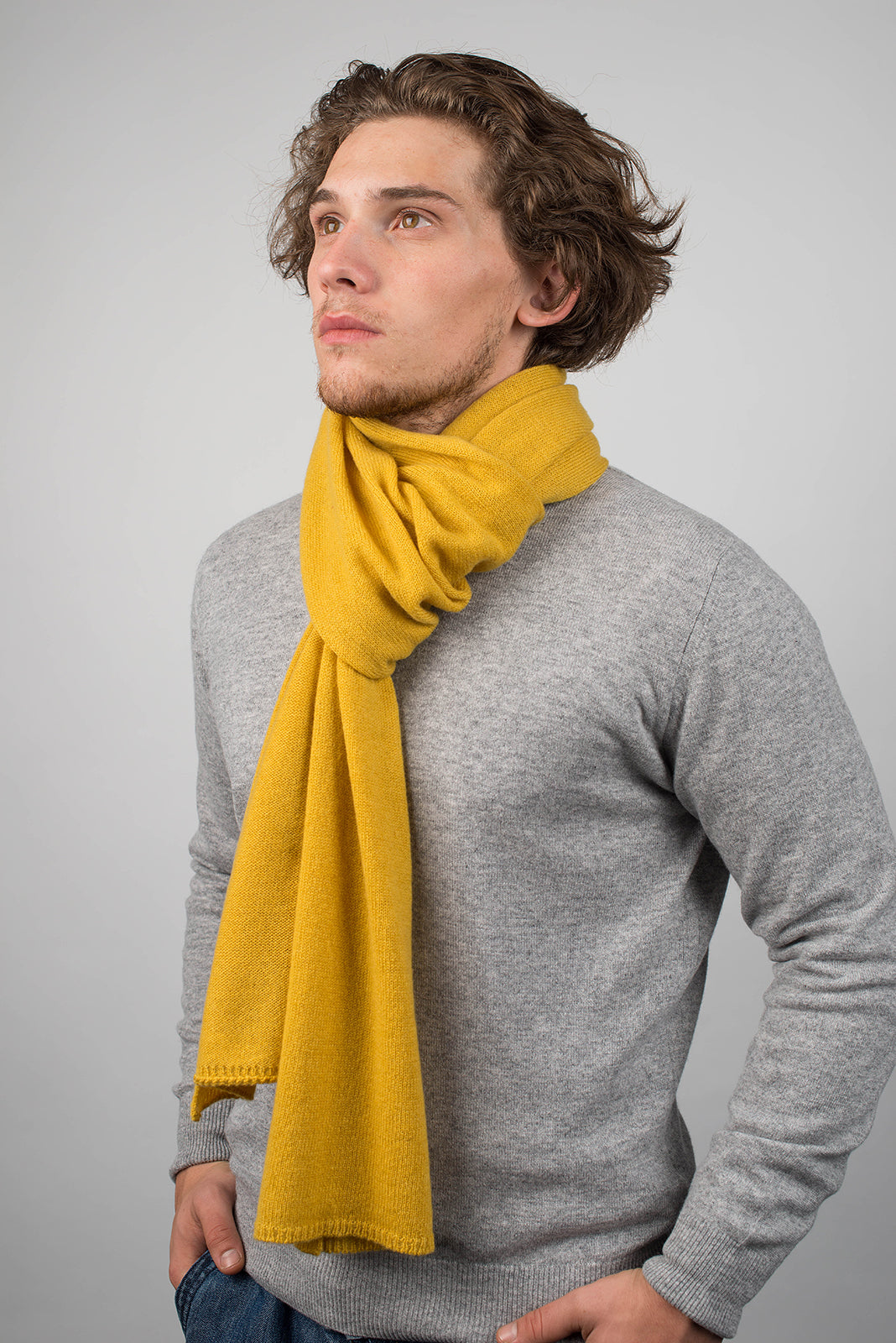 Men's wide 100% cashmere scarf, colour Yellow, view 3 | Dalle Piane Cashmere