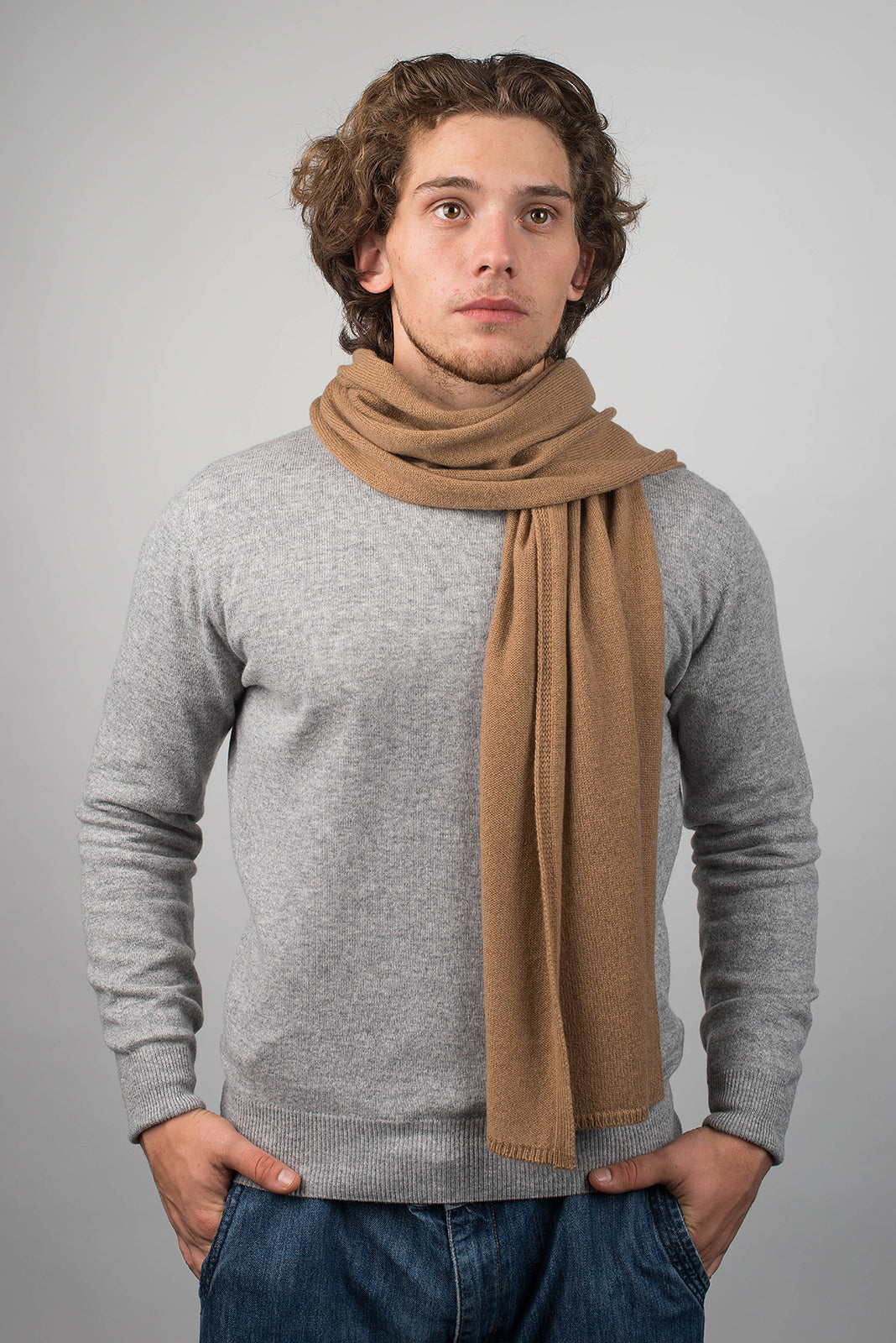 Men's wide 100% cashmere scarf, colour Camel, view 2 | Dalle Piane Cashmere