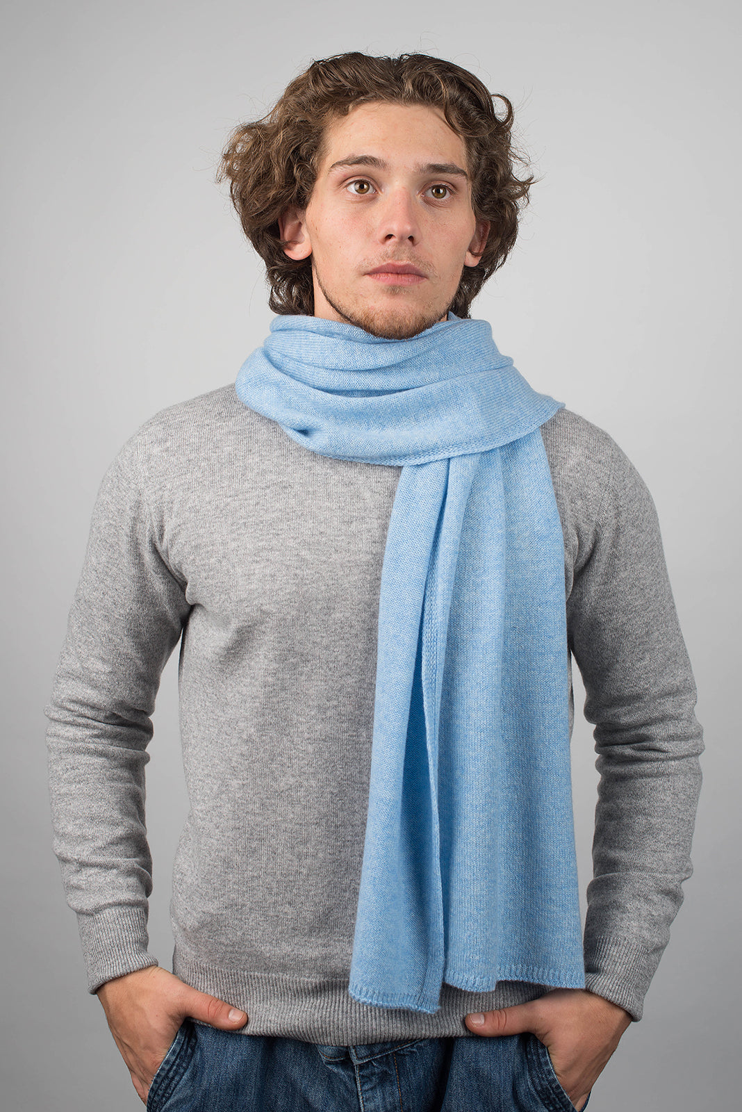 Men's wide 100% cashmere scarf, colour Sky, view 2 | Dalle Piane Cashmere
