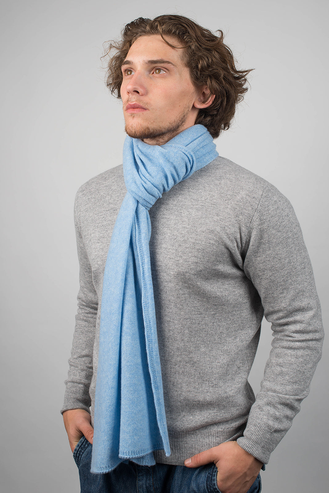 Men's wide 100% cashmere scarf, colour Sky, view 3 | Dalle Piane Cashmere
