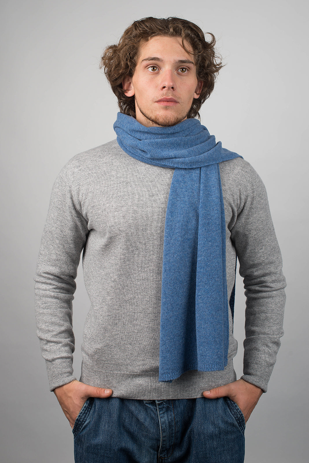Men's wide 100% cashmere scarf, colour Light Blue, view 2 | Dalle Piane Cashmere