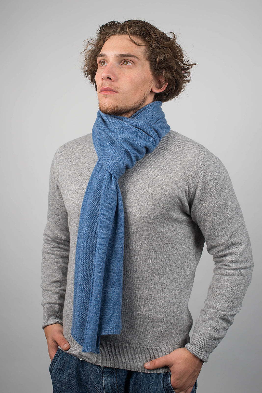 Men's wide 100% cashmere scarf, colour Light Blue, view 3 | Dalle Piane Cashmere